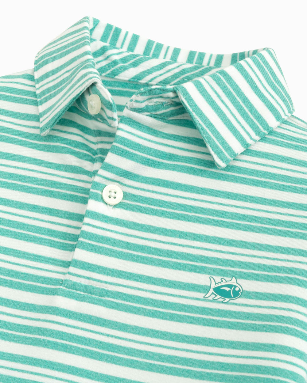 The detail view of the Southern Tide Youth Ryder Heather Bombay Stripe Performance Polo Shirt by Southern Tide - Heather Tidal Wave
