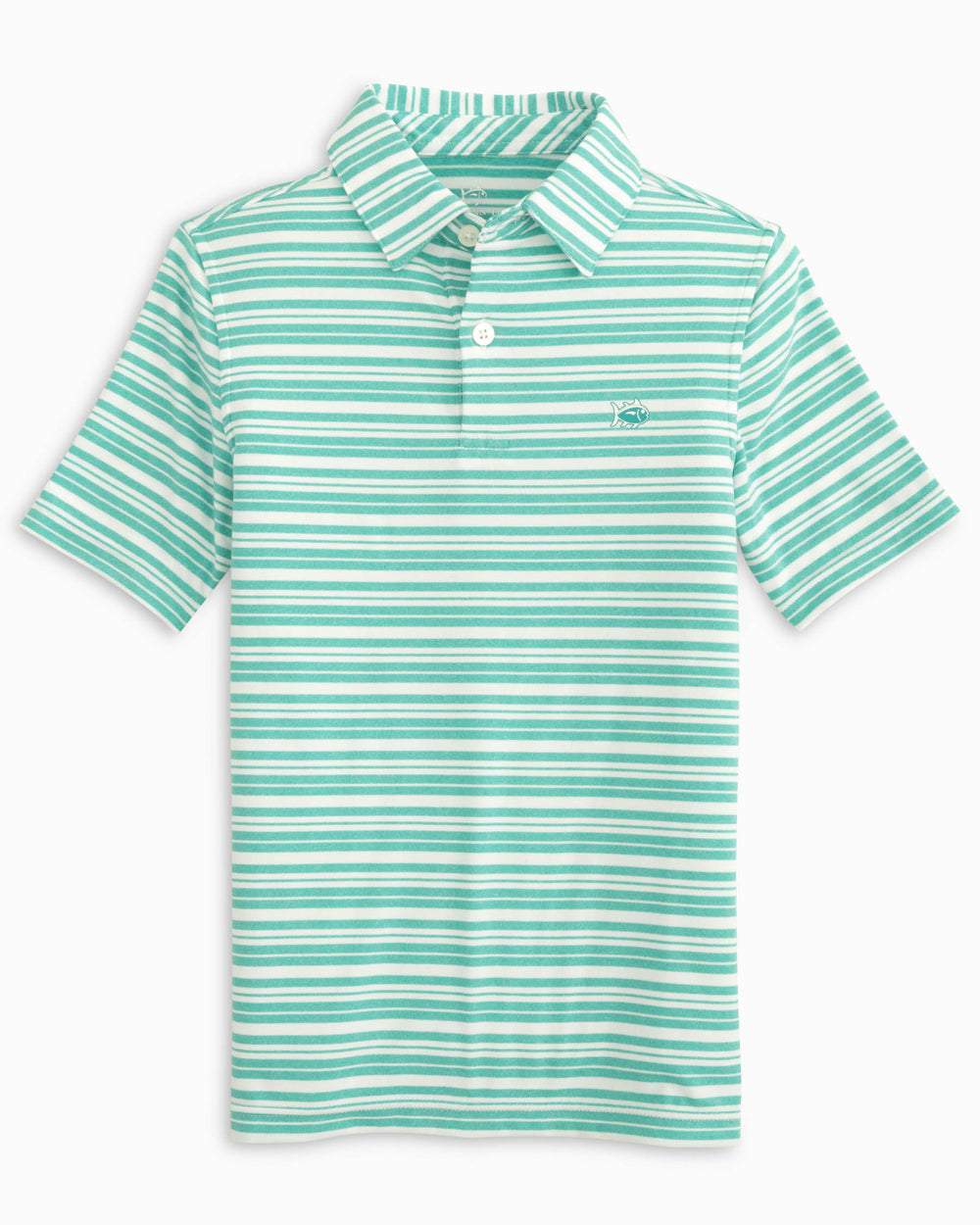 The front view of the Southern Tide Youth Ryder Heather Bombay Stripe Performance Polo Shirt by Southern Tide - Heather Tidal Wave