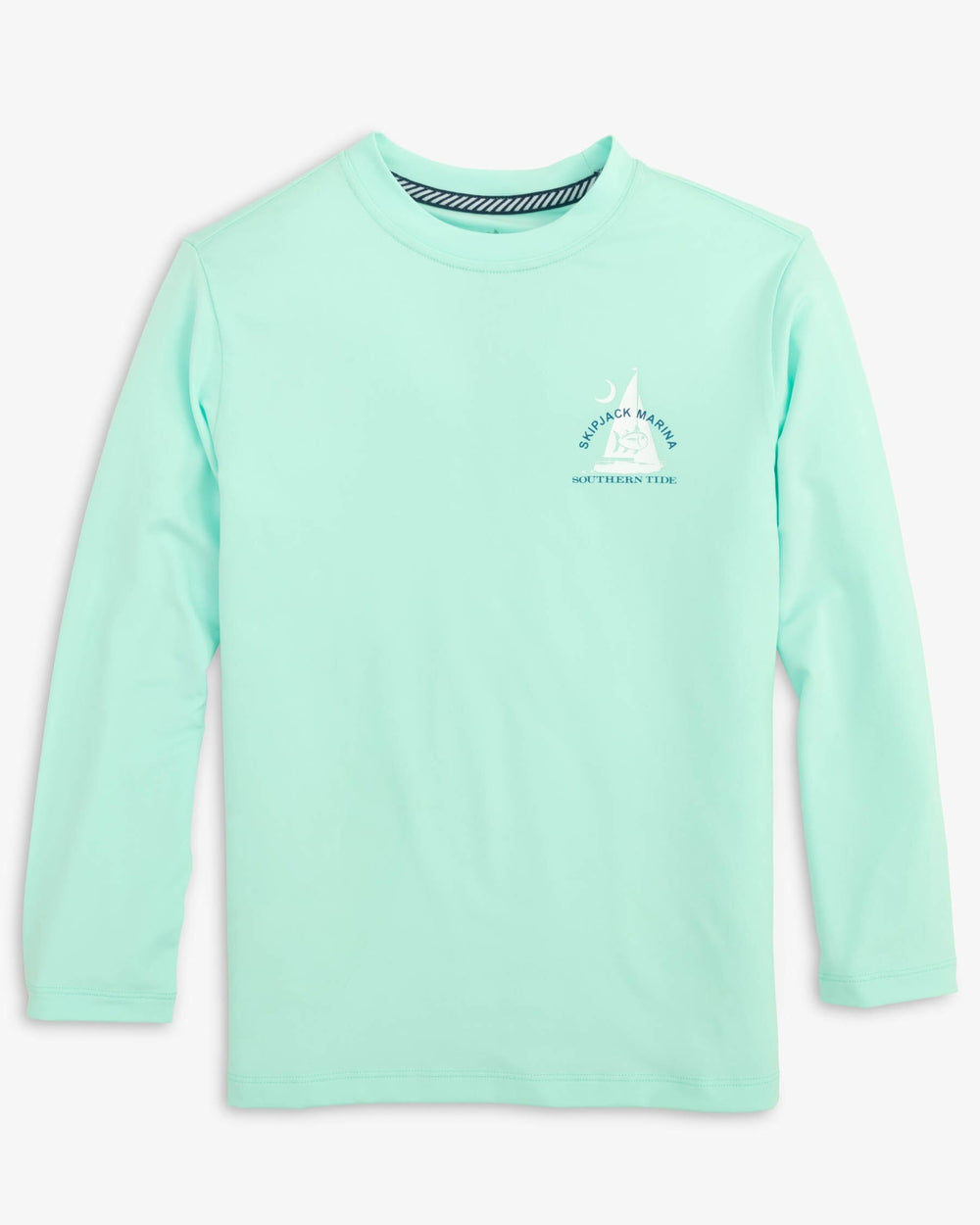 The front view of the Southern Tide Youth Skipjack Marina Long Sleeve Performance T-Shirt by Southern Tide - Baltic Teal