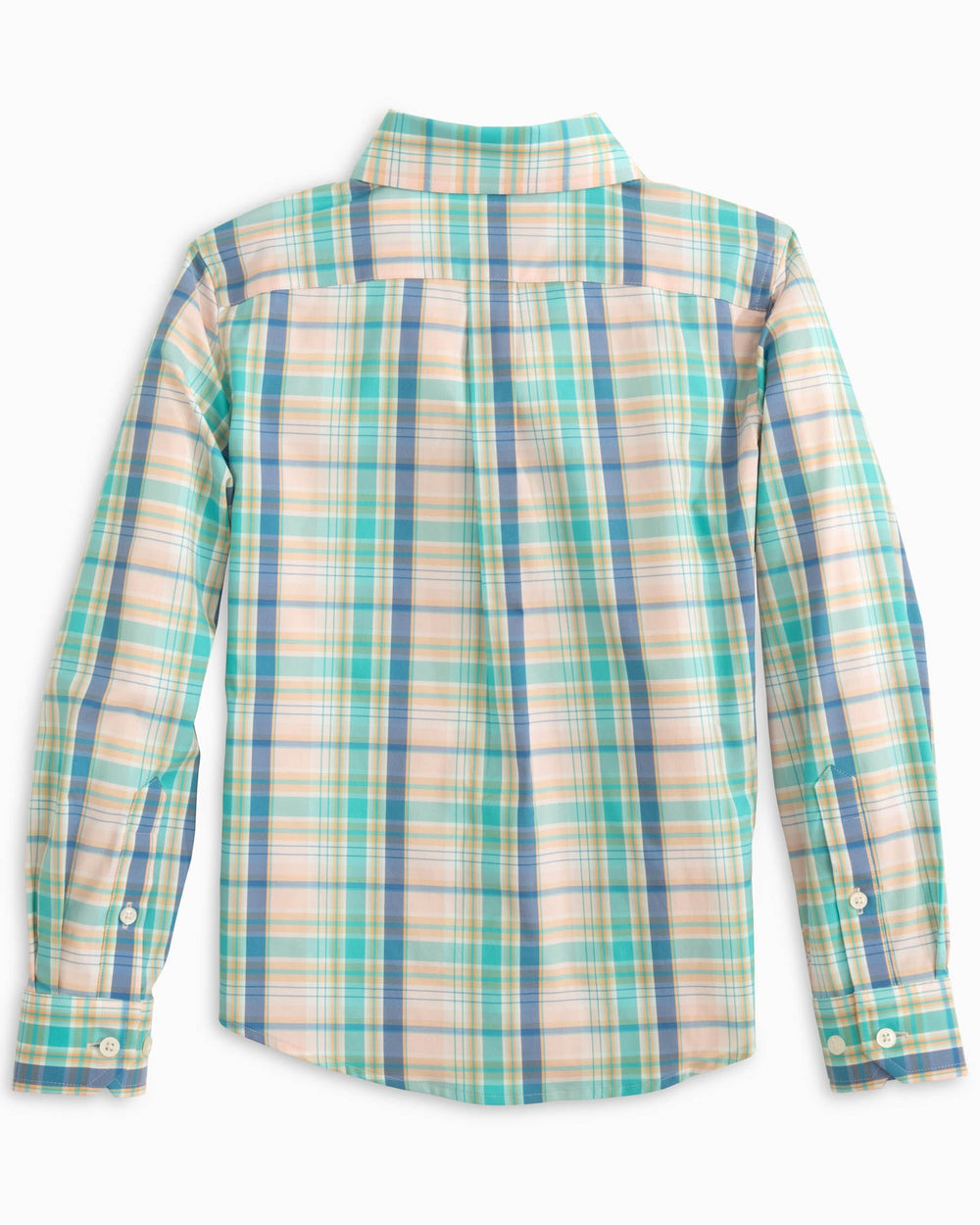 The back view of the Southern Tide Youth Sky Valley Plaid Intercoastal Sport Shirt by Southern Tide - Rose Blush