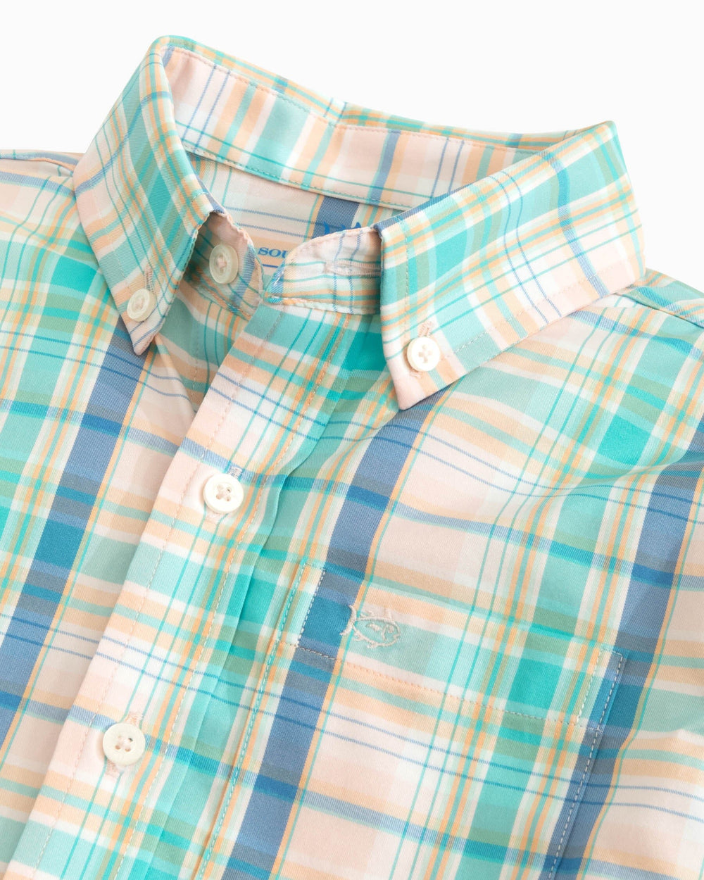 The detail view of the Southern Tide Youth Sky Valley Plaid Intercoastal Sport Shirt by Southern Tide - Rose Blush