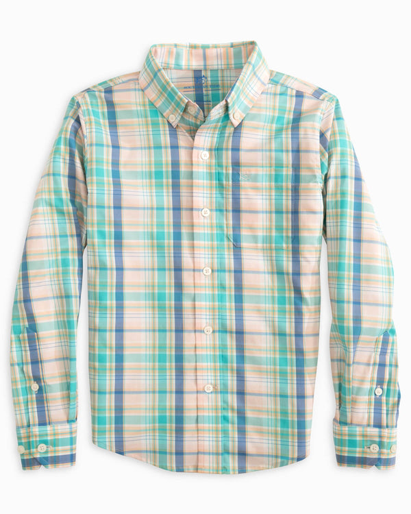 The front view of the Southern Tide Youth Sky Valley Plaid Intercoastal Sport Shirt by Southern Tide - Rose Blush